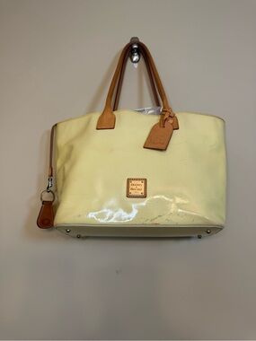 Dooney & Bourke Cream Patent Leather Tote with Tan Leather Handles